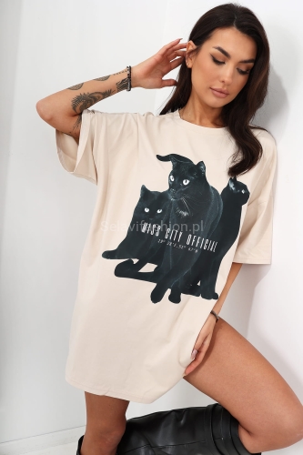 Długa bluzka koszulka t-shirt Cats Miss City Official jasno beżowa w Selavifashion.pl