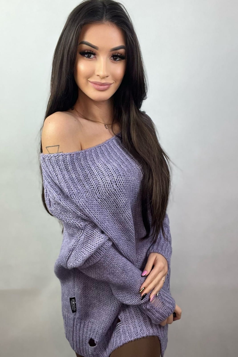 Luźny sweter z dziurami Laura Minouu liliowy