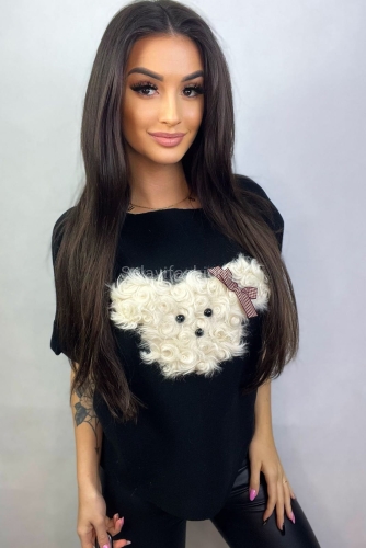 Sweter z rękawem 3/4 i aplikacją pieska york Minouu czarny w Selavifashion.pl