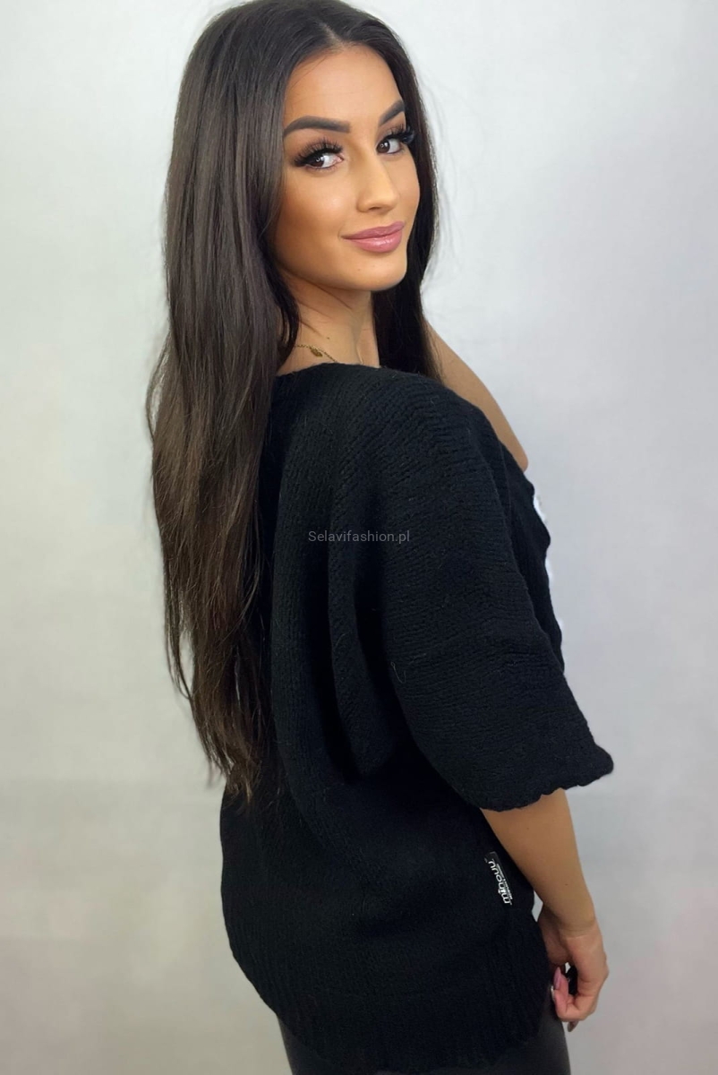 Sweter z rękawem 3/4 i aplikacją pieska york Minouu czarny w Selavifashion.pl