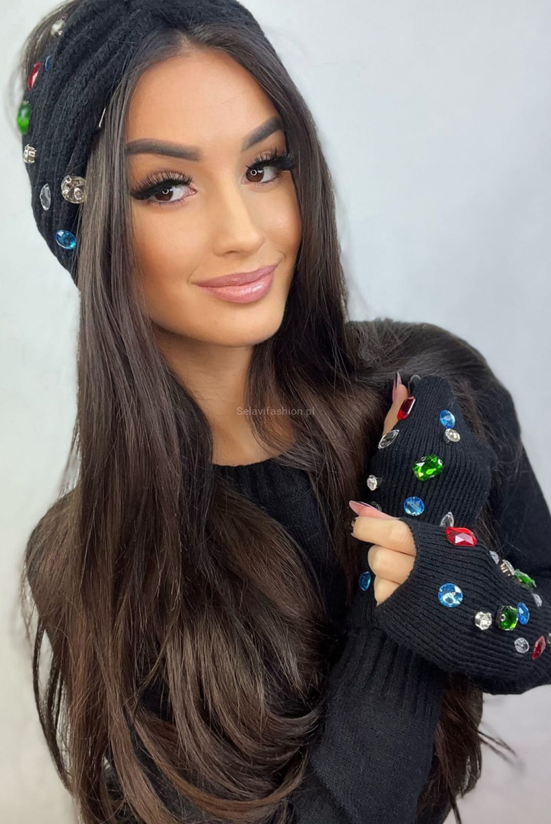 Komplet sweter opaska i mitenki z kamieniami Minouu czarny w Selavifashion.pl
