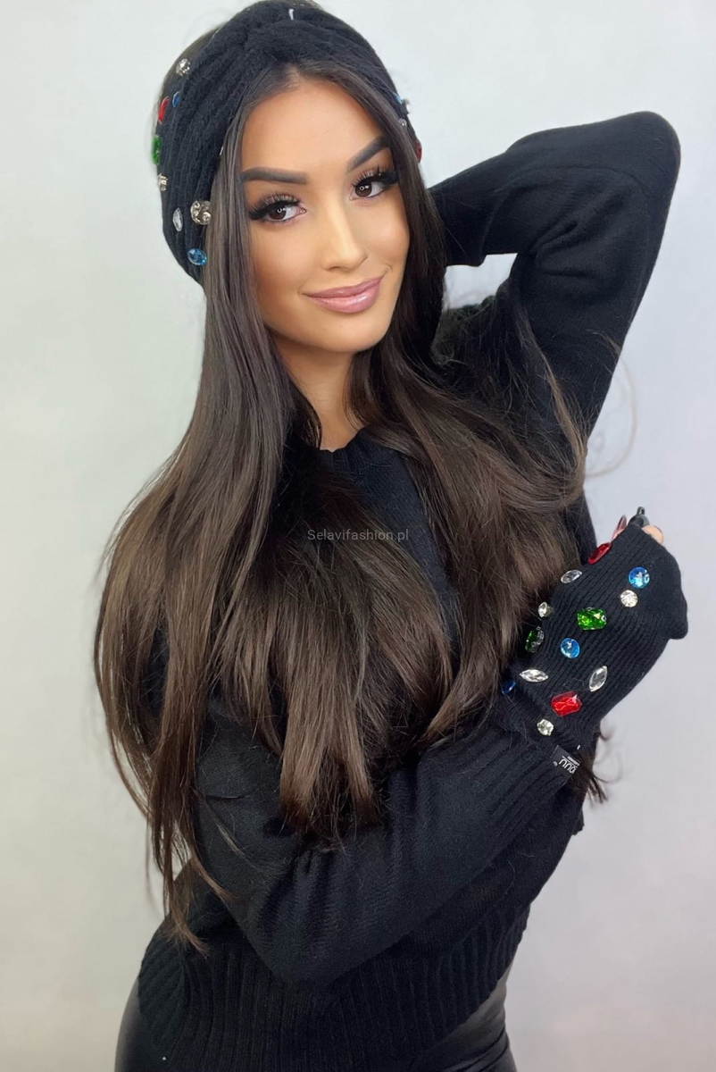 Komplet sweter opaska i mitenki z kamieniami Minouu czarny w Selavifashion.pl