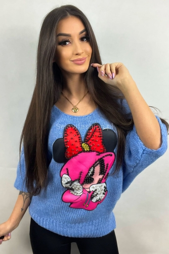 Sweter z rękawem 3/4 i Myszką Minnie Minouu jeansowy w Selavifashion.pl