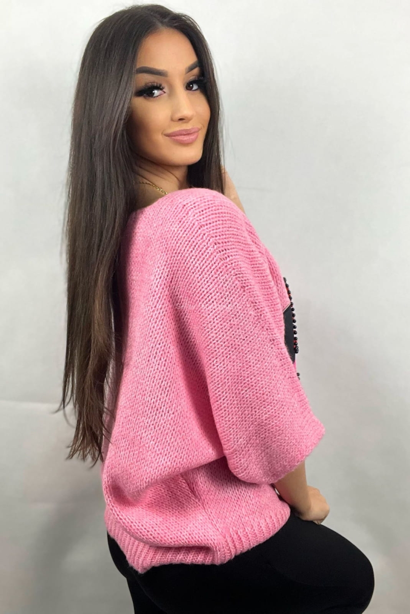 Sweter z rękawem 3/4 i Myszką Minnie Minouu różowy w Selavifashion.pl