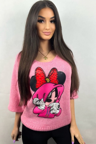Sweter z rękawem 3/4 i Myszką Minnie Minouu różowy w Selavifashion.pl