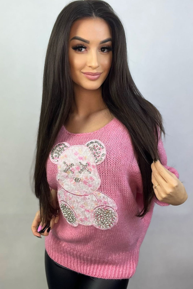 Sweter z rękawem 3/4 i Misiem XX Minouu różowy w Selavifashion.pl