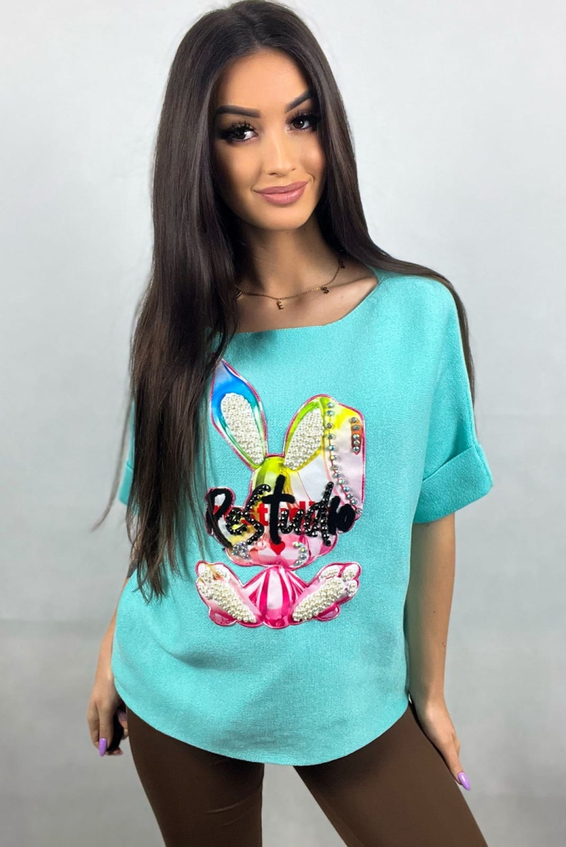 Sweter z krótkim rękawem Królik Disco Minouu błękitny w selavifashion.pl