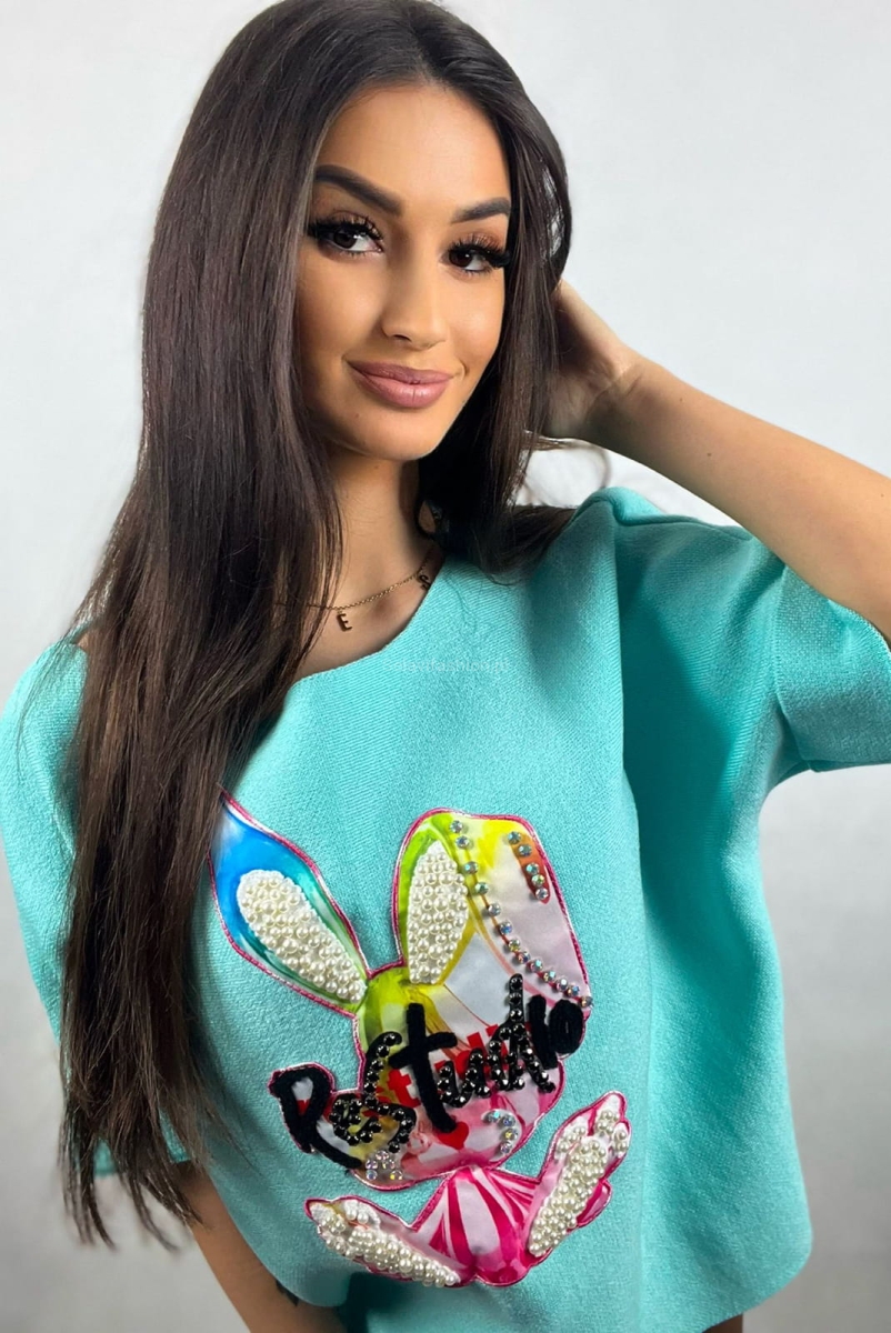 Sweter z krótkim rękawem Królik Disco Minouu błękitny w selavifashion.pl