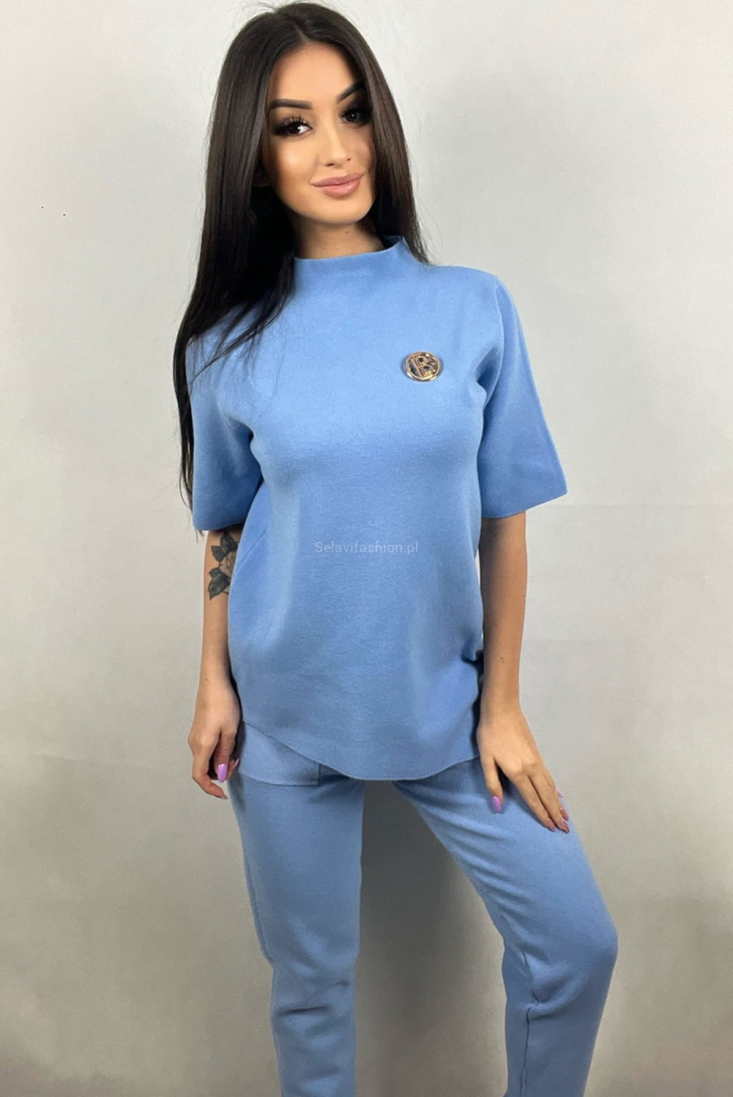 Komplet dres dzianinowy z krótkim rękawem Minouu niebieski w Selavifashion.pl