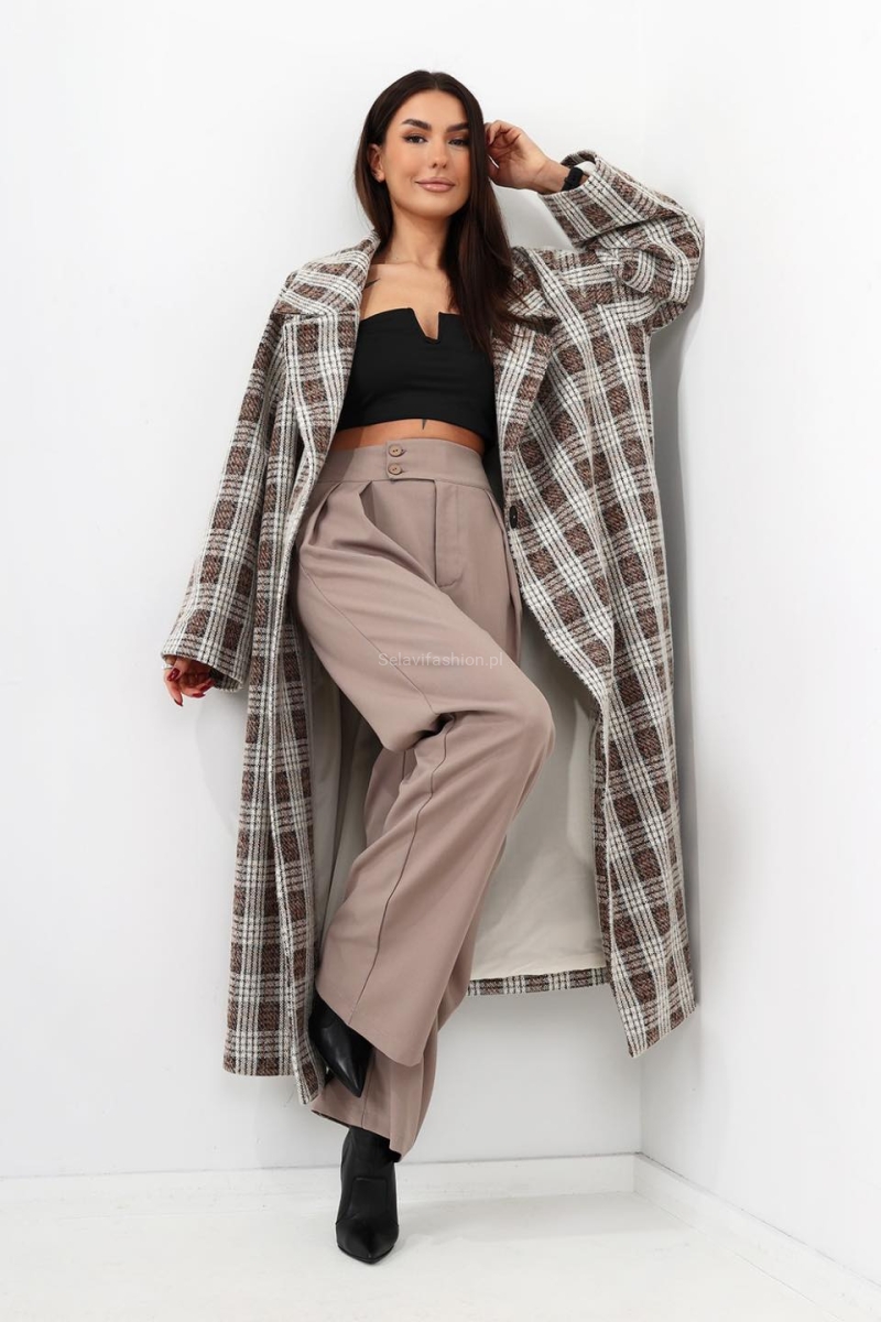 Długi płaszcz Lami kratka Miss City Official beżowy w Selavifashion.pl