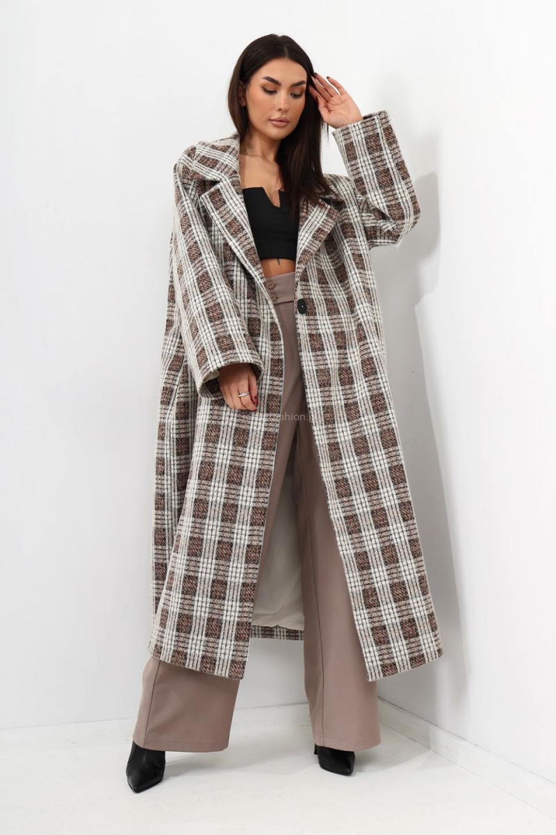 Długi płaszcz Lami kratka Miss City Official beżowy w Selavifashion.pl