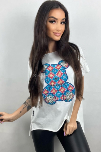 T-shirt bluzka Agnes Miś Mandala Minouu biały w Selavifashion.pl