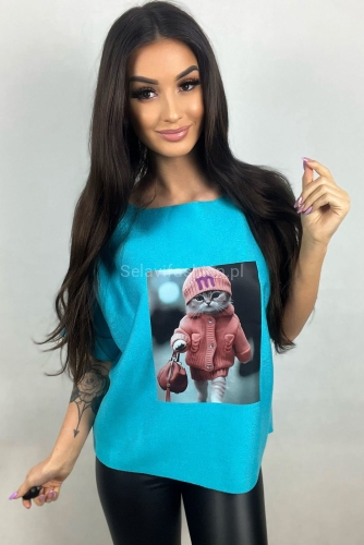 Sweter z krótkim rękawem i kotem Minouu niebieski w Selavifashion.pl