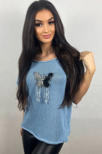 Sweter bezszwowy z motylkiem Minouu niebieski w Selavifashion.pl