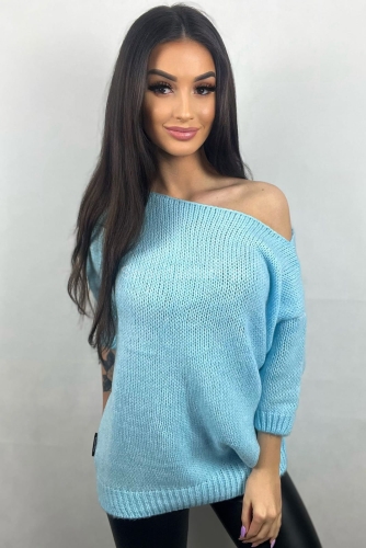 Sweter z krótkim rękawem i plecionką Minouu Motyl niebieski w Selavifashion.pl