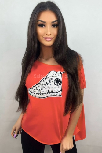 T-shirt bluzka z aplikacją Trampka Minouu koralowy w Selavifashion.pl