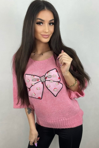 Sweter z rękawem 3/4 Duża Kokarda Minouu różowy w Selavifashion.pl