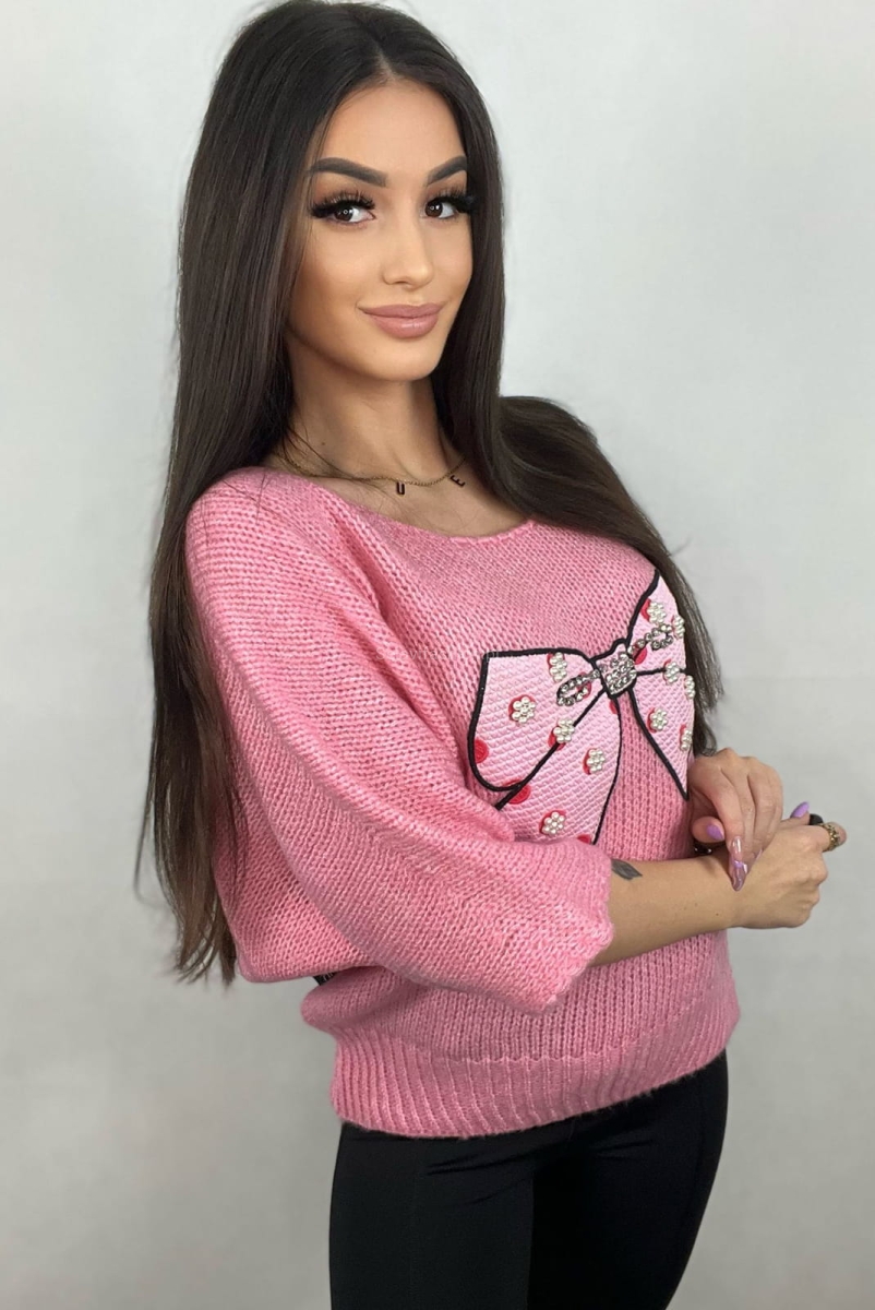 Sweter z rękawem 3/4 Duża Kokarda Minouu różowy w Selavifashion.pl
