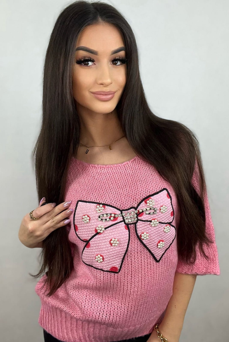 Sweter z rękawem 3/4 Duża Kokarda Minouu różowy w Selavifashion.pl