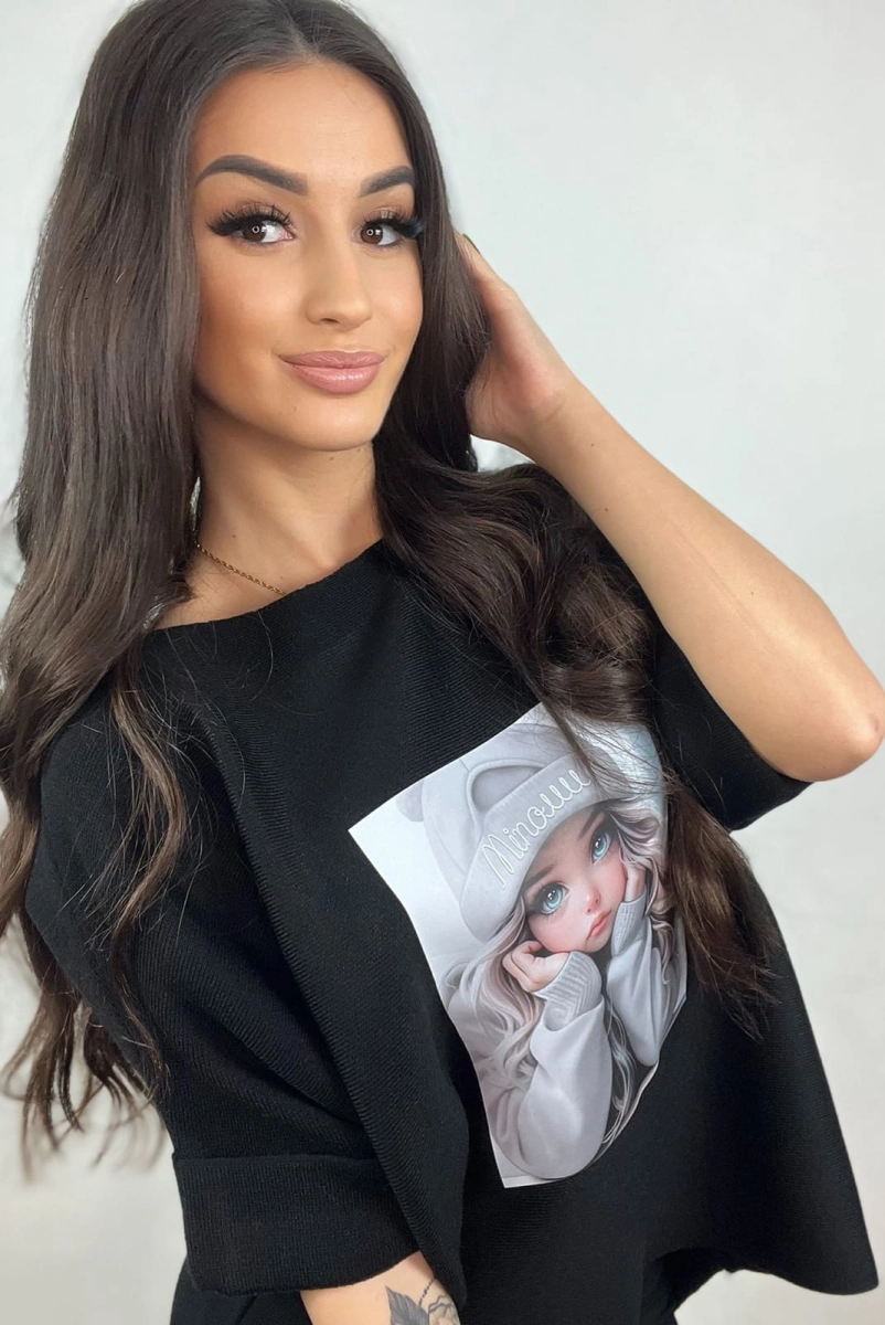 Sweter z krótkim rękawem Lalka Minouu czarny w Selavifashion.pl