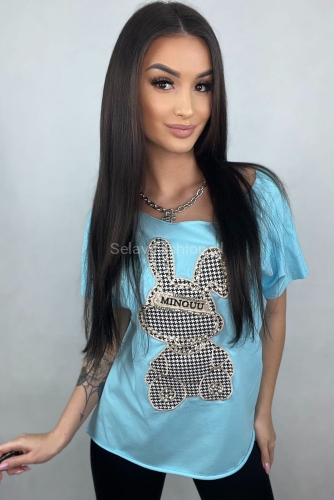 T-shirt bluzka Agnes z firmowym Zającem Minouu niebieska w Selavifashion.pl