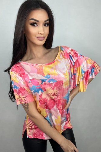 Asymetryczna bluzka z falbanami Minouu w kwiaty amarant  w Selavifashion.pl