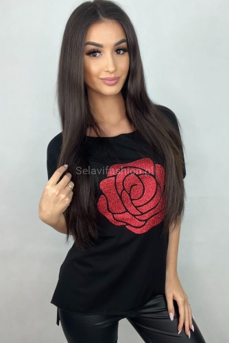 T-shirt bluzka Agnes róża Minouu czarna w Selavifashion.pl