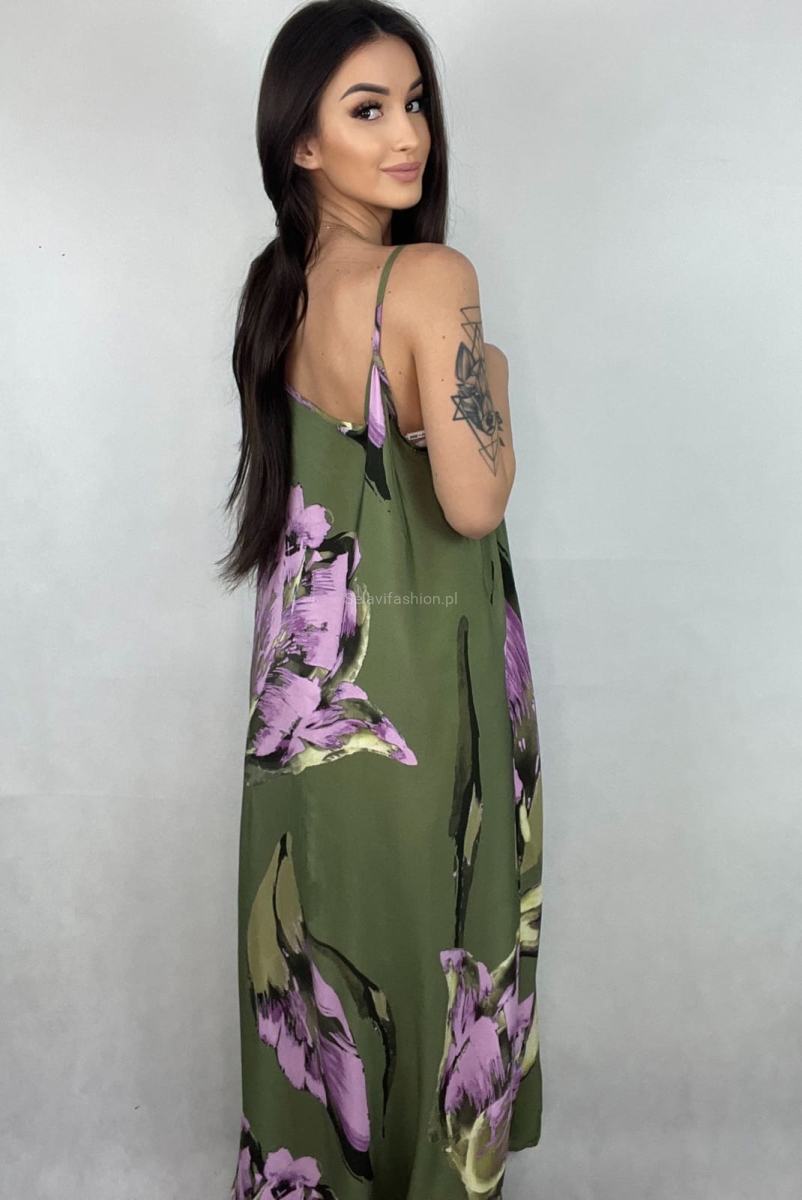 Sukienka malowane kwiaty Minouu zielona oliwka w Selavifashion.pl