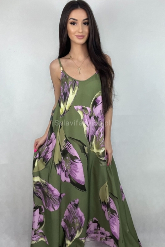 Sukienka malowane kwiaty Minouu zielona oliwka w Selavifashion.pl