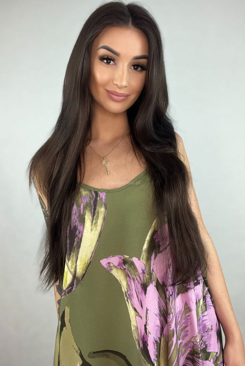 Sukienka malowane kwiaty Minouu zielona oliwka w Selavifashion.pl