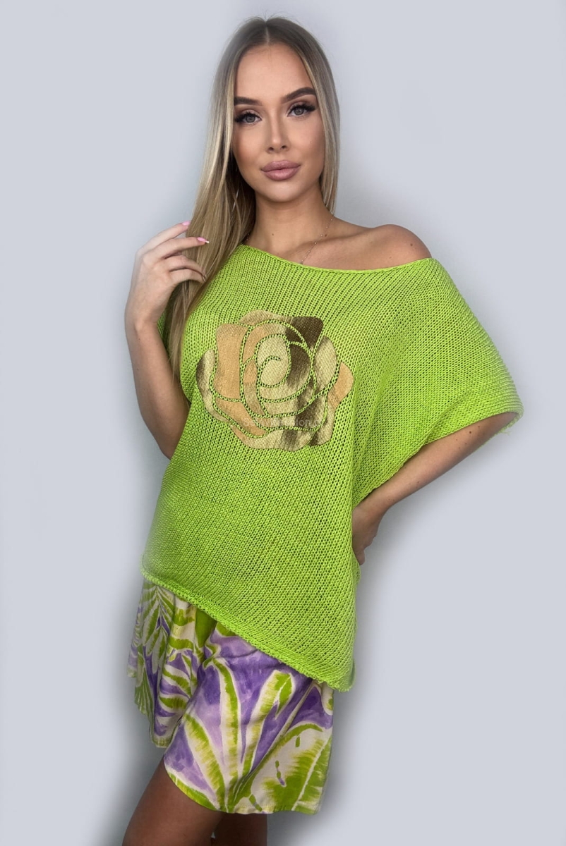 Sweter bezszwowy z różą Minouu limonka w Selavifashion.pl