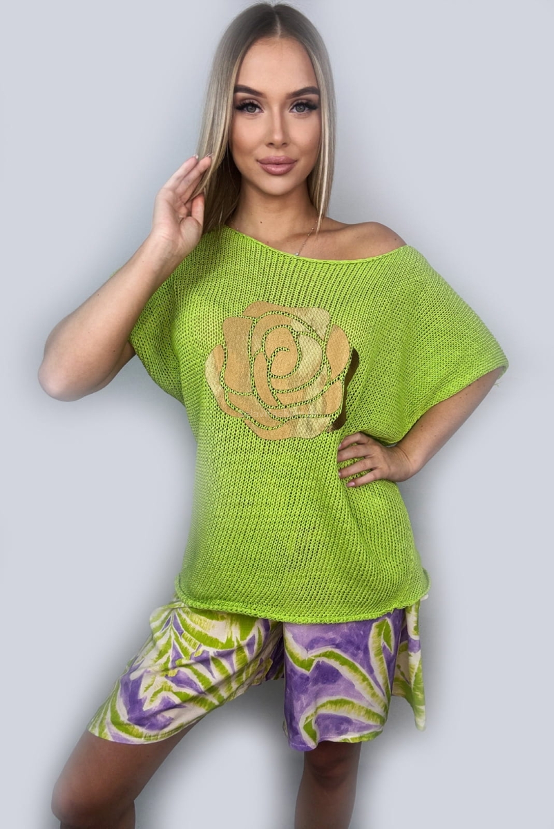 Sweter bezszwowy z różą Minouu limonka w Selavifashion.pl