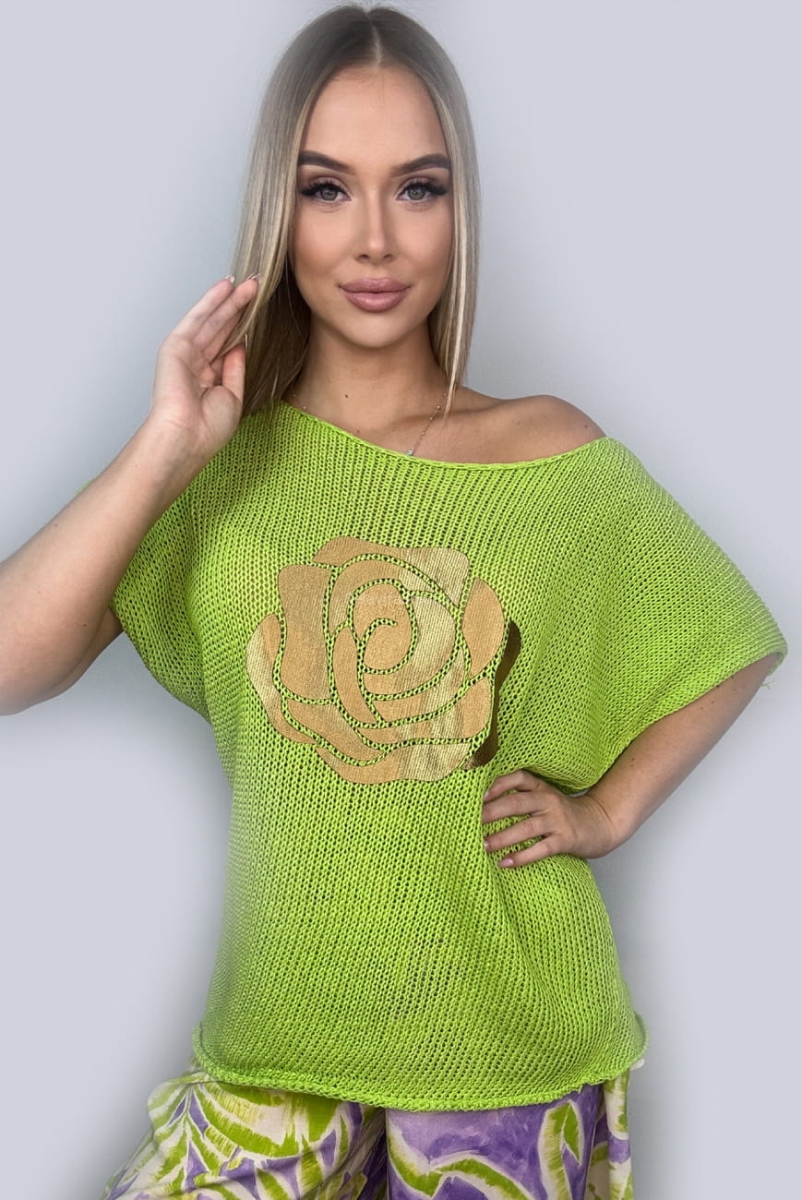 Sweter bezszwowy z różą Minouu limonka w Selavifashion.pl