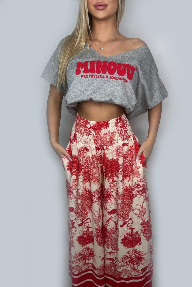 Szerokie spodnie Natura Minouu czerwone w selavifashion.pl