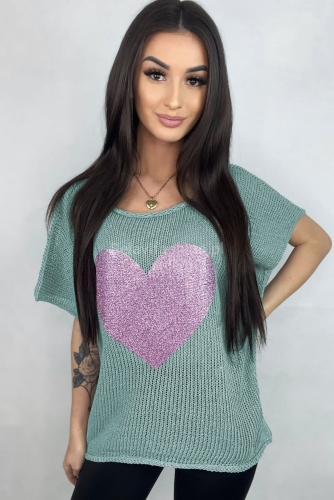 Sweter bezszwowy z sercem Minouu miętowy w Selavifashion.pl