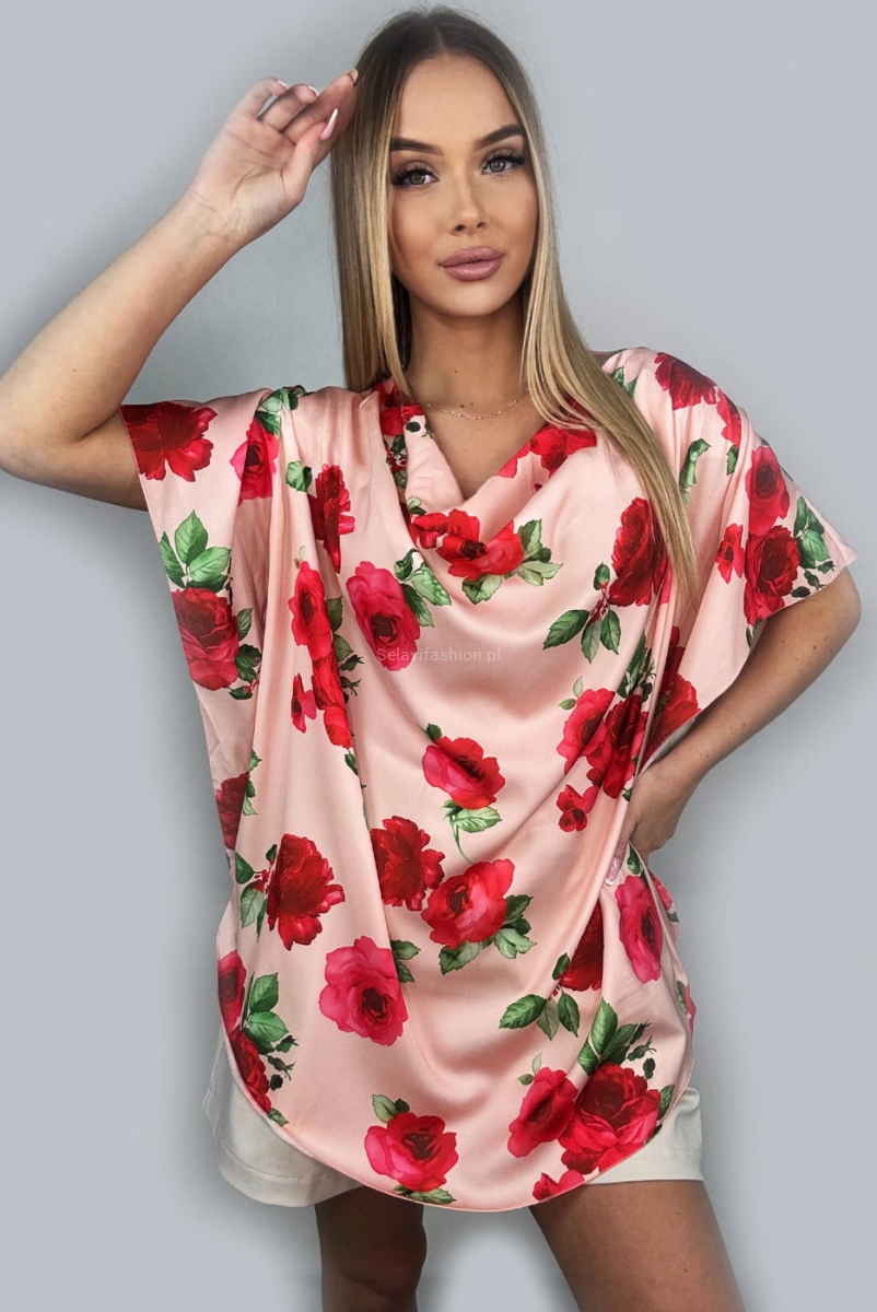 Bluzka tunika w róże Minouu różowa w Selavifashion.pl