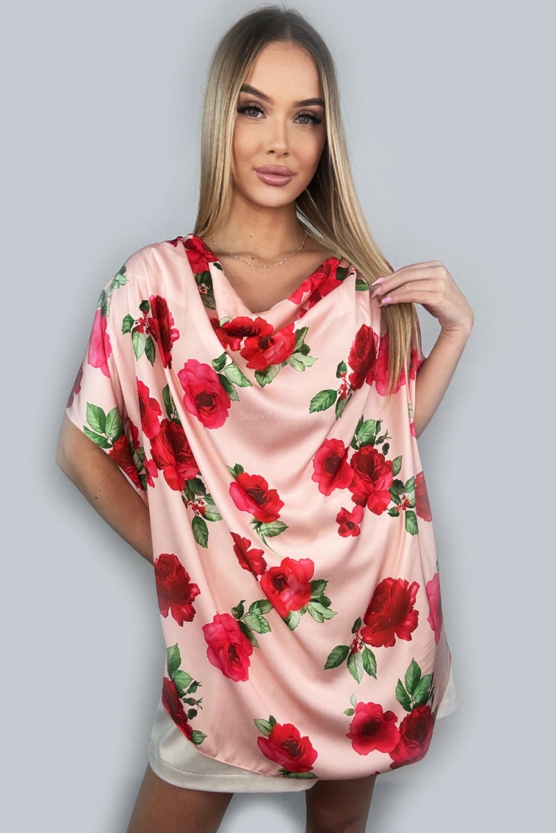 Bluzka tunika w róże Minouu różowa w Selavifashion.pl