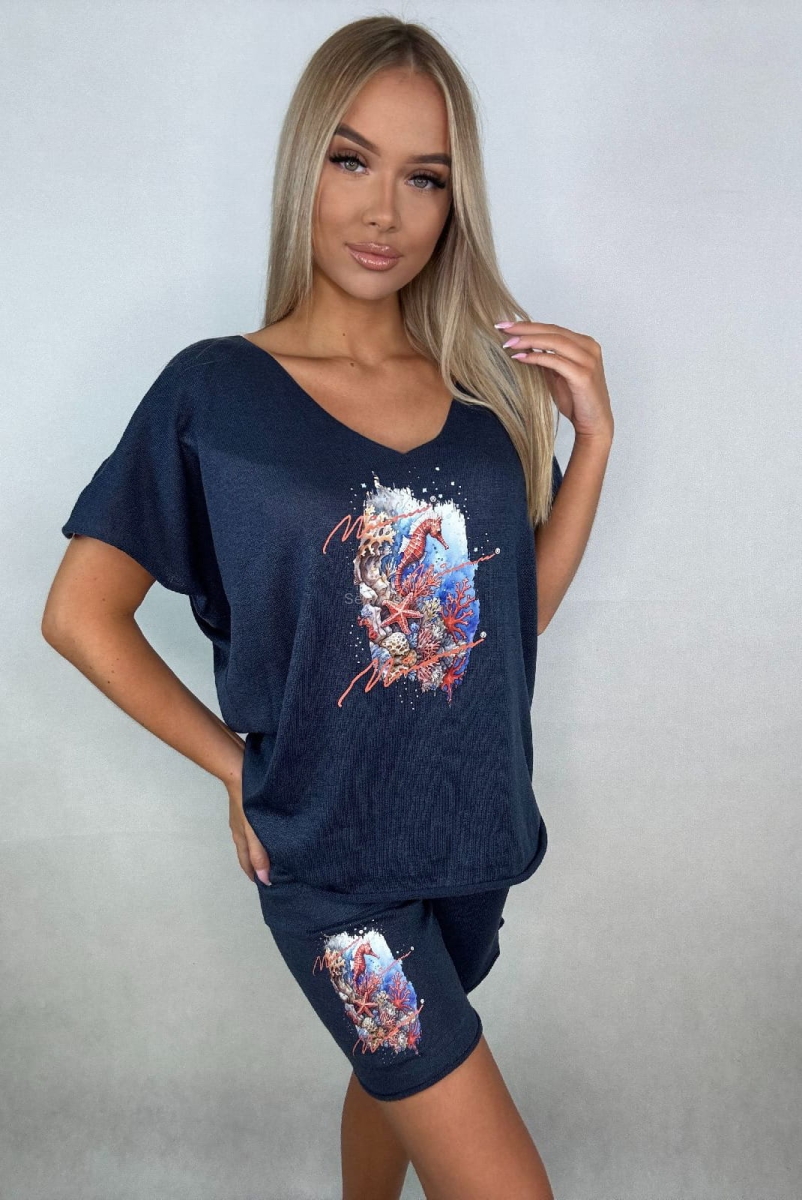 Komplet bluzka i spodenki Oceaniczna Głębia Minouu granatowy w Selavifashion.pl