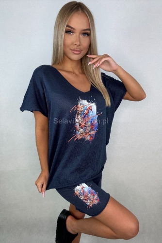 Komplet bluzka i spodenki Oceaniczna Głębia Minouu granatowy w Selavifashion.pl