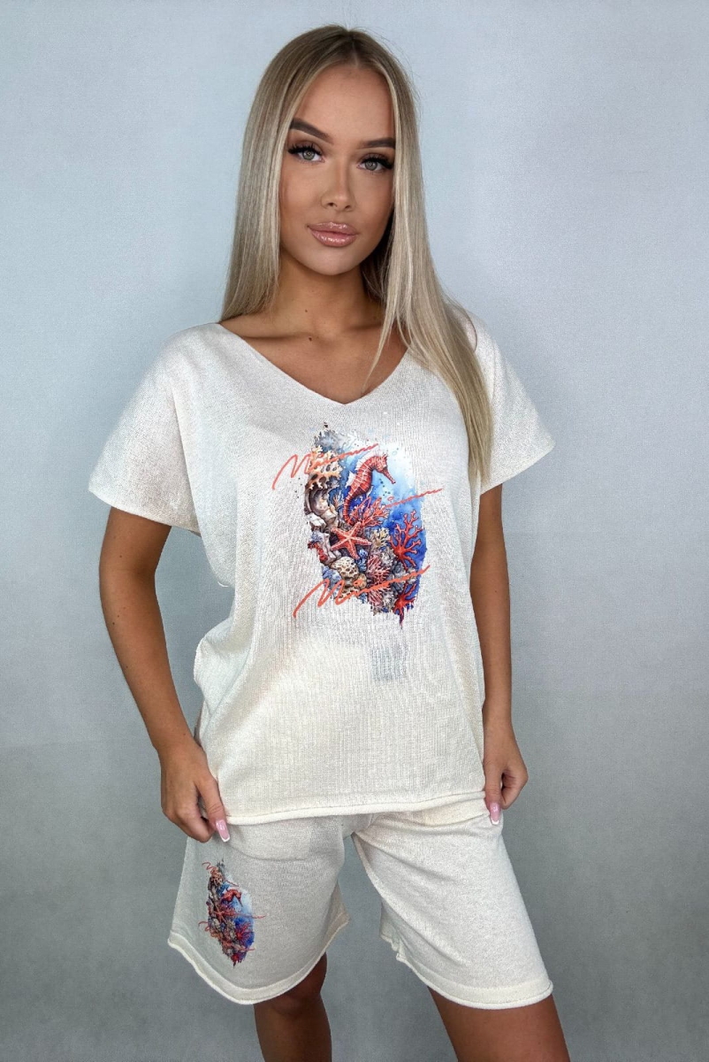 Komplet bluzka i spodenki Oceaniczna Głębia Minouu biały w Selavifashion.pl