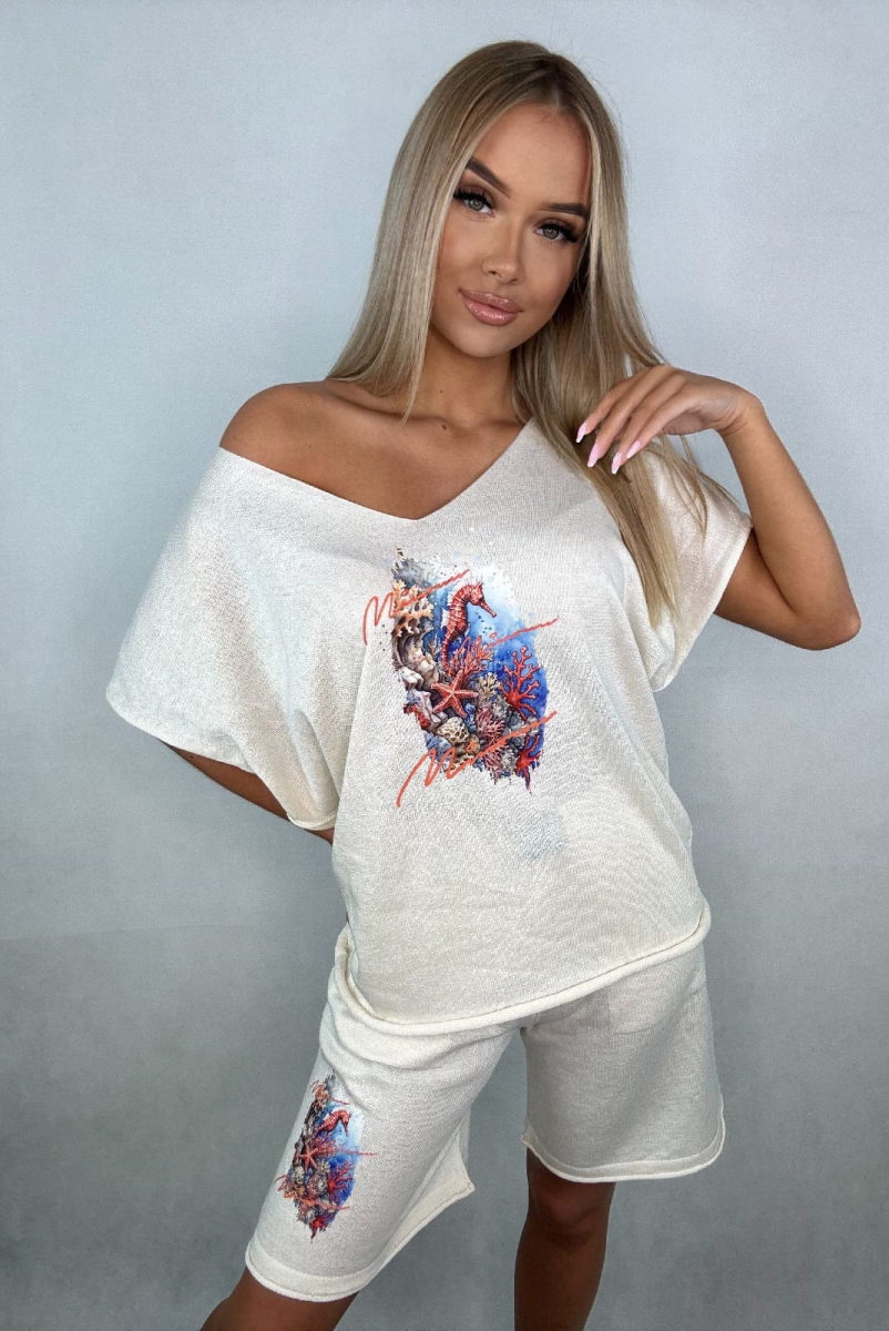 Komplet bluzka i spodenki Oceaniczna Głębia Minouu biały w Selavifashion.pl