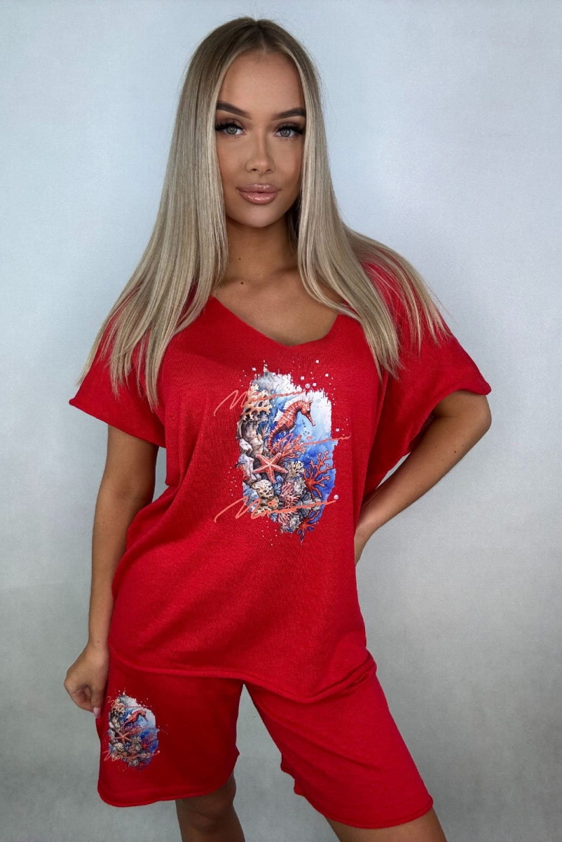 Komplet bluzka i spodenki Oceaniczna Głębia Minouu czerwony w Selavifashion.pl