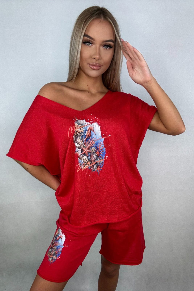 Komplet bluzka i spodenki Oceaniczna Głębia Minouu czerwony w Selavifashion.pl