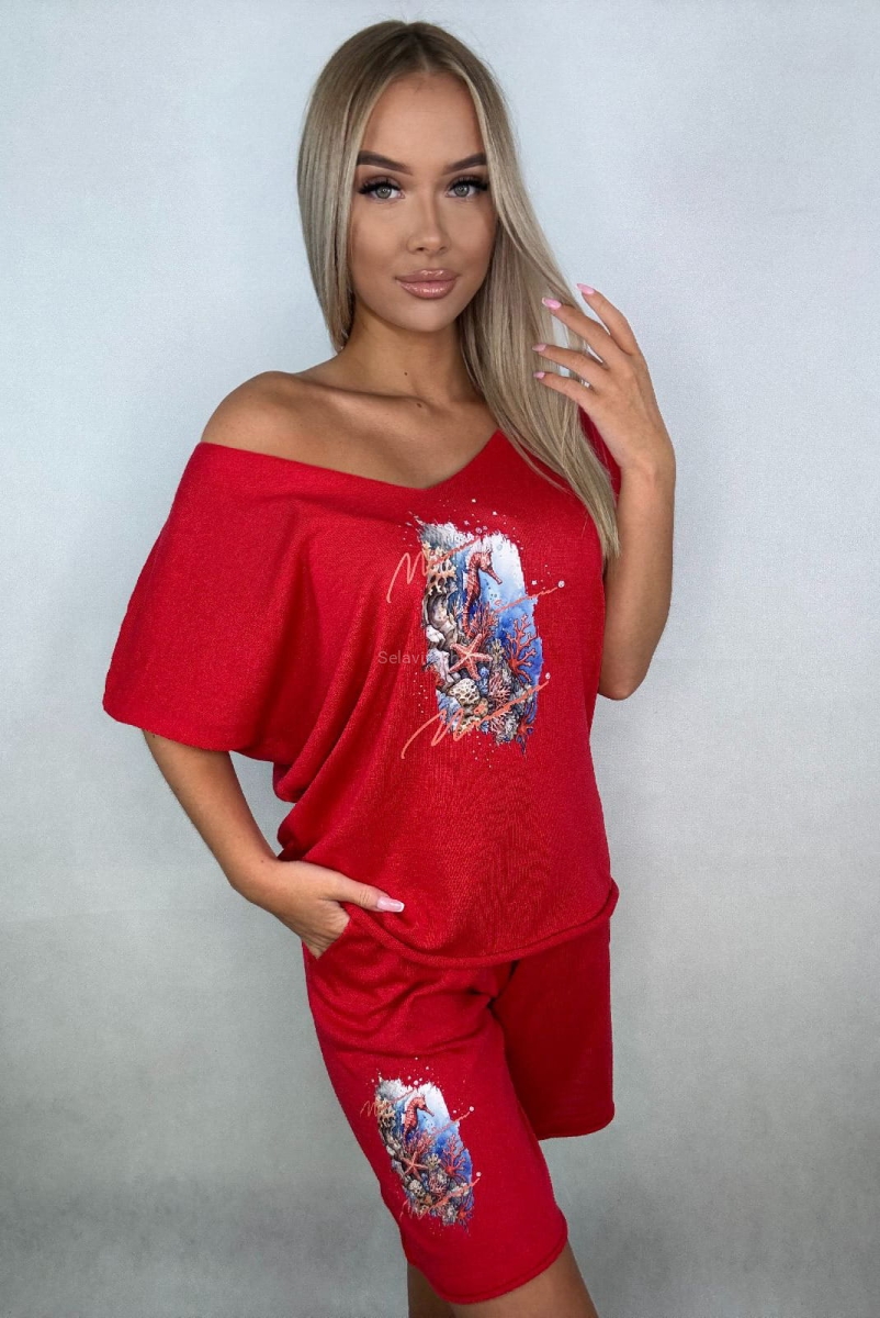 Komplet bluzka i spodenki Oceaniczna Głębia Minouu czerwony w Selavifashion.pl