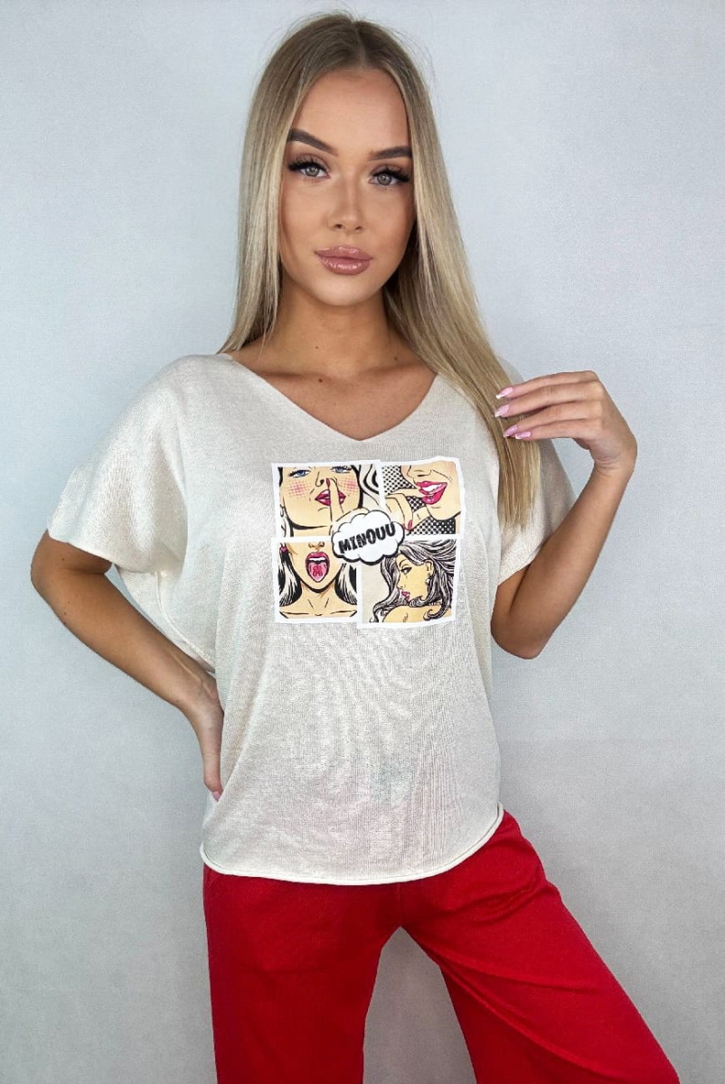 Bluzka swetrowa Komiks z krótkim rękawem Minouu w Selavifashion.pl