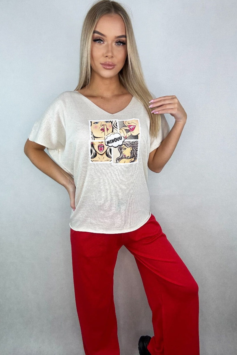 Luźne spodnie dzianinowe Minouu czerwone w Selavifashion.pl