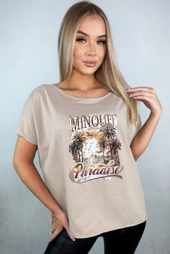T-shirt bluzka Paradise Minouu beżowa w Selavifashion.pl