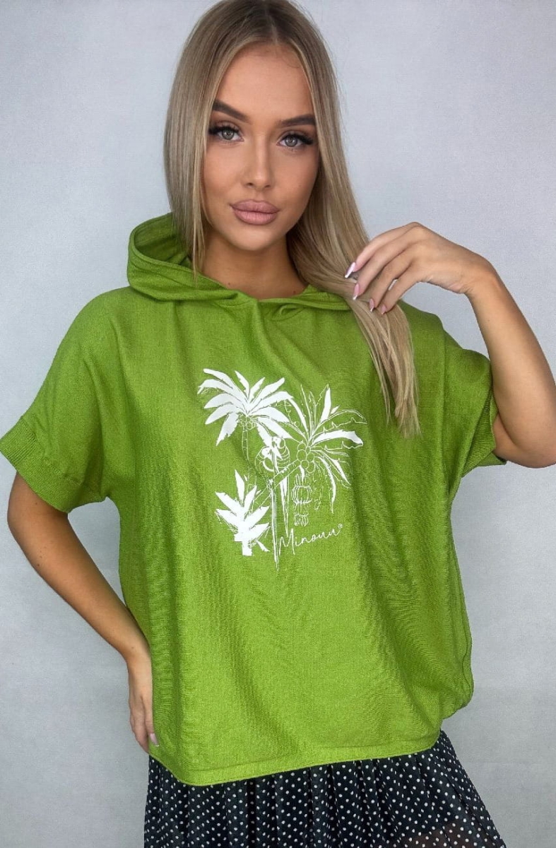 Bluzka swetrowa Miami z kapturem i krótkim rękawem Minouu limonka w Selavifashion.pl