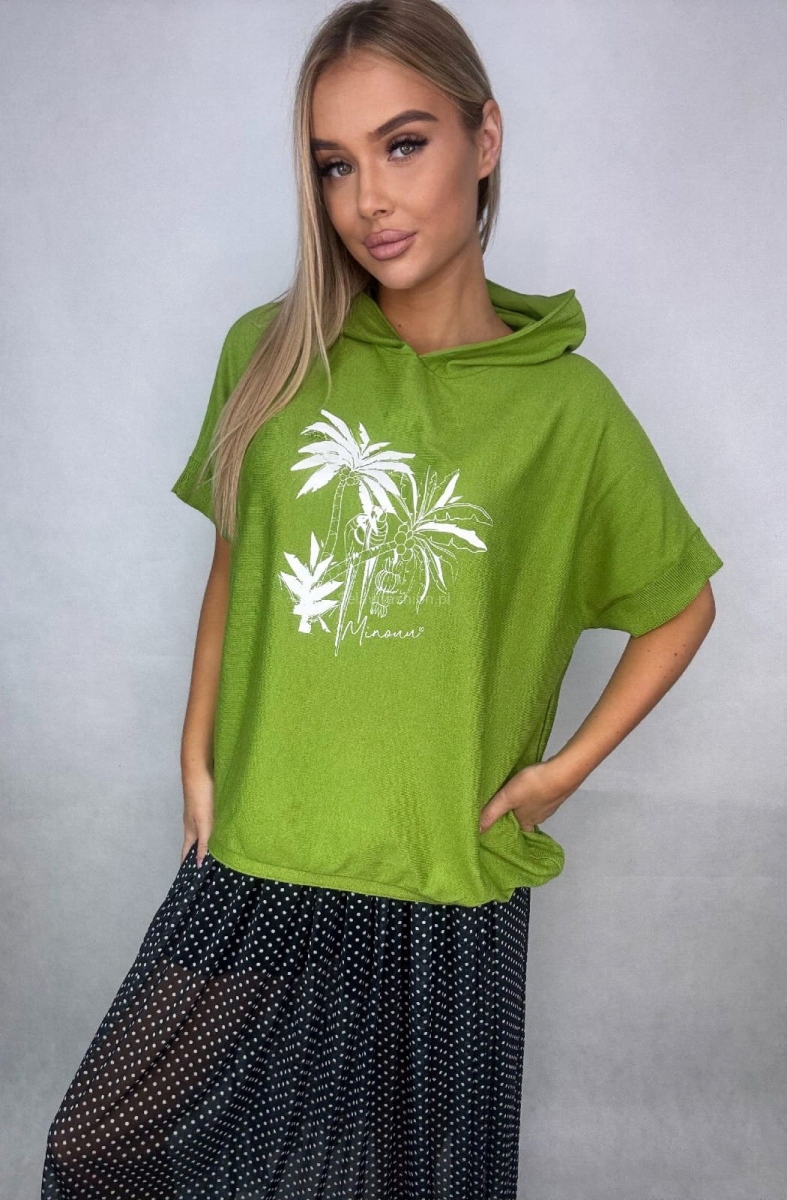 Bluzka swetrowa Miami z kapturem i krótkim rękawem Minouu limonka w Selavifashion.pl