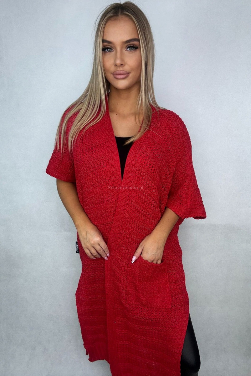 Oversizowy kardigan sweter w luźnym stylu Minouu czerwony w Selavifashion.pl